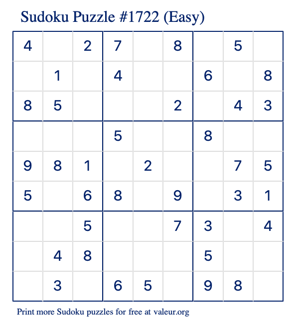 Free Printable Easy Sudoku Puzzle number 1722