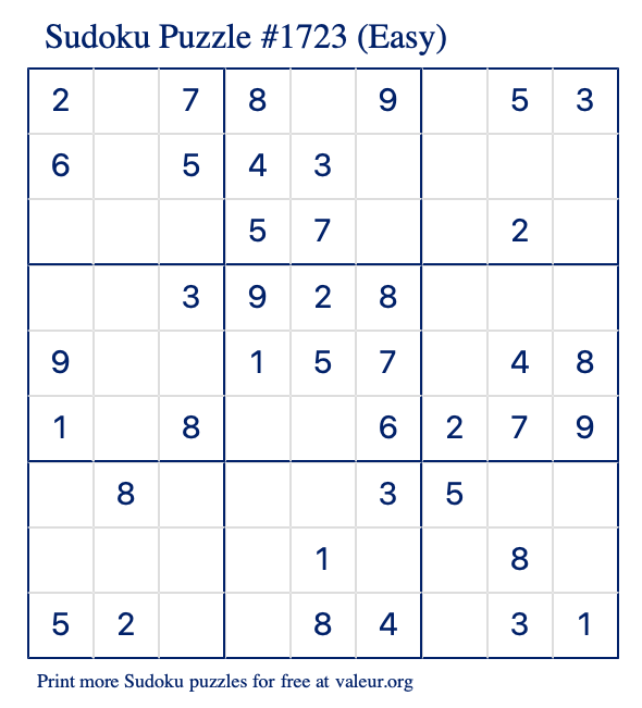 Free Printable Easy Sudoku Puzzle number 1723