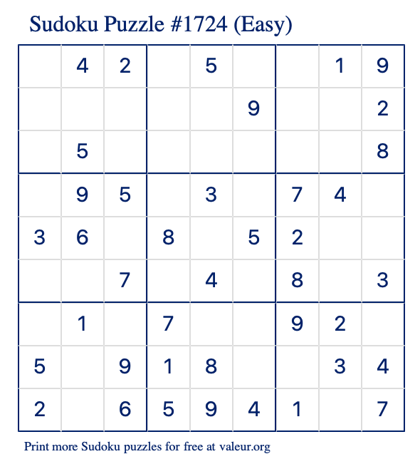 Free Printable Easy Sudoku Puzzle number 1724