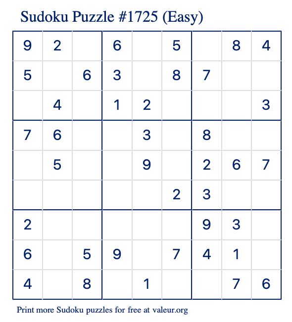 Free Printable Easy Sudoku Puzzle number 1725