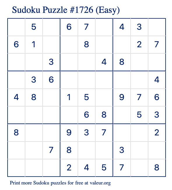 Free Printable Easy Sudoku Puzzle number 1726