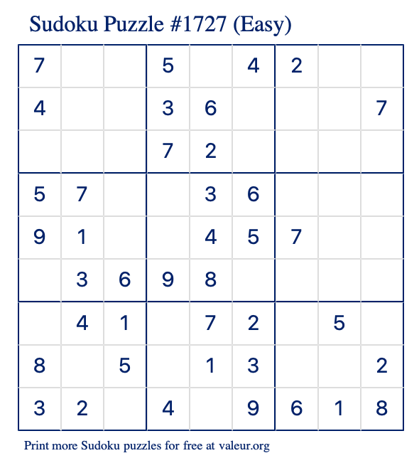 Free Printable Easy Sudoku Puzzle number 1727