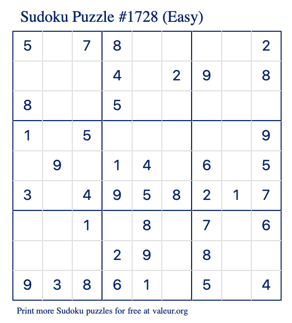 Free Printable Easy Sudoku Puzzle number 1728