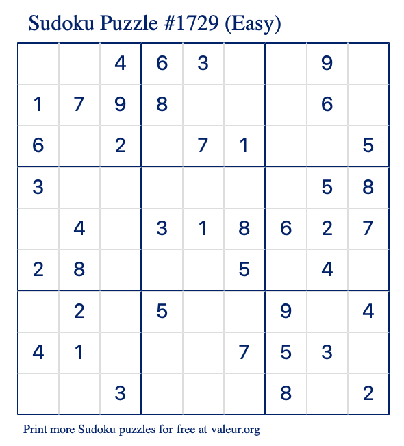 Free Printable Easy Sudoku Puzzle number 1729