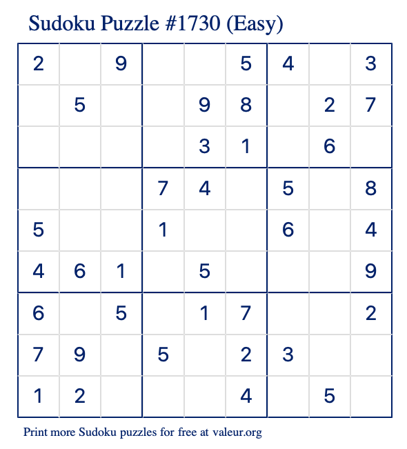 Free Printable Easy Sudoku Puzzle number 1730
