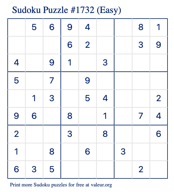 Free Printable Easy Sudoku Puzzle number 1732