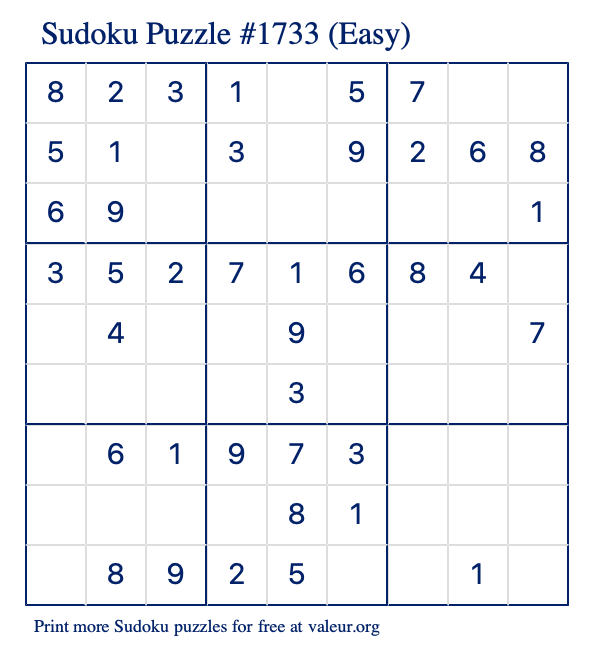 Free Printable Easy Sudoku Puzzle number 1733