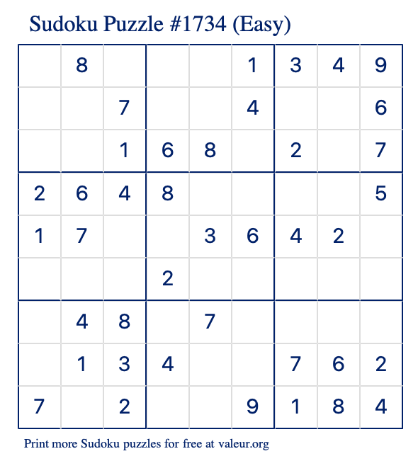 Free Printable Easy Sudoku Puzzle number 1734