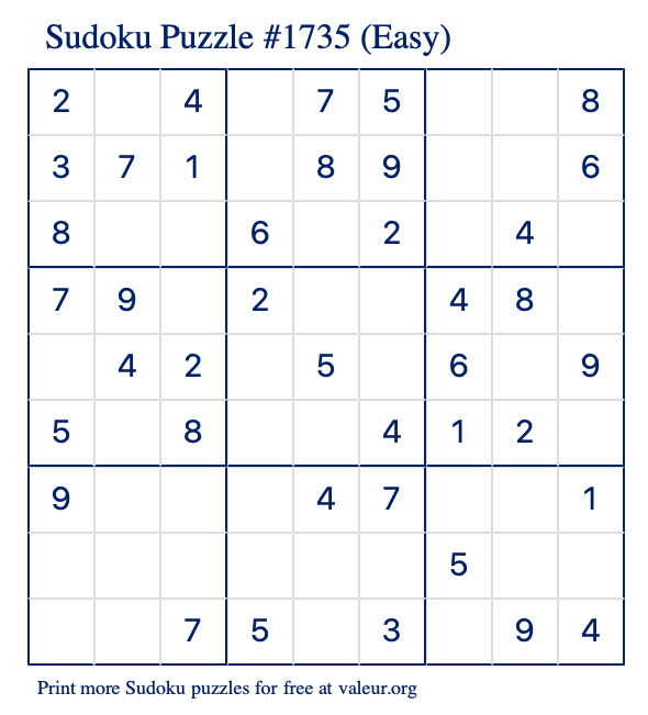 Free Printable Easy Sudoku Puzzle number 1735