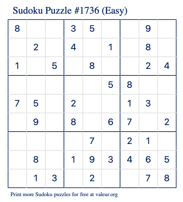 Free Printable Easy Sudoku Puzzle number 1736