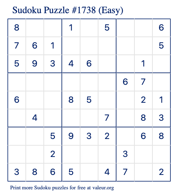 Free Printable Easy Sudoku Puzzle number 1738