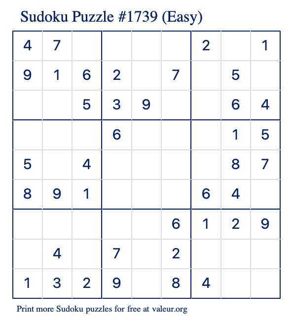 Free Printable Easy Sudoku Puzzle number 1739