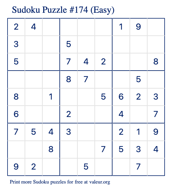 Free Printable Easy Sudoku Puzzle number 174