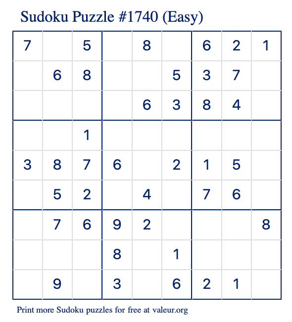 Free Printable Easy Sudoku Puzzle number 1740