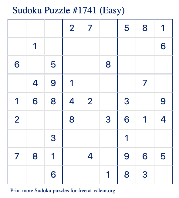 Free Printable Easy Sudoku Puzzle number 1741