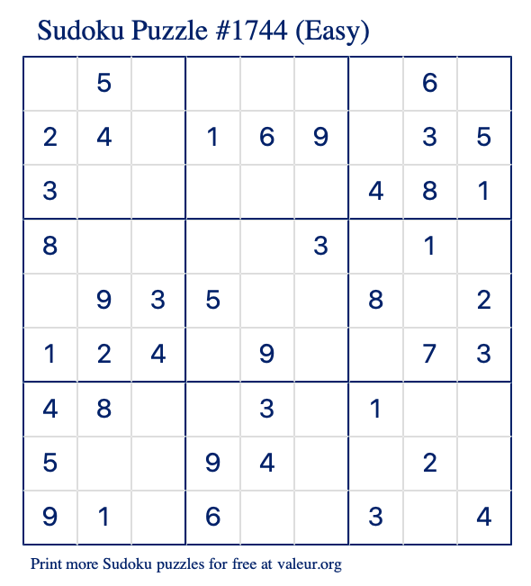 Free Printable Easy Sudoku Puzzle number 1744