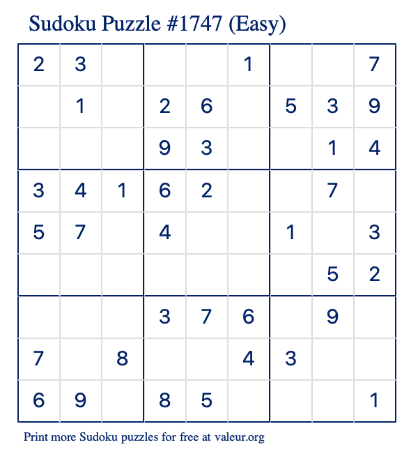 Free Printable Easy Sudoku Puzzle number 1747