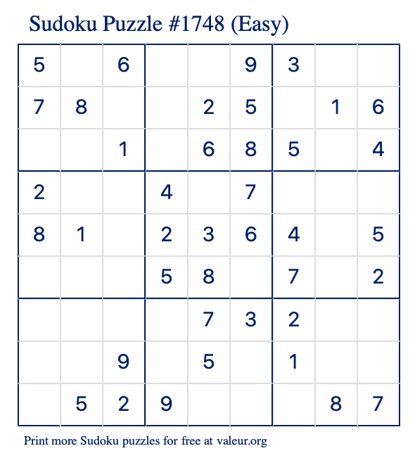 Free Printable Easy Sudoku Puzzle number 1748