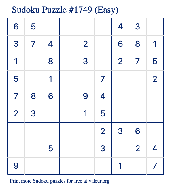 free printable easy sudoku with the answer 1749