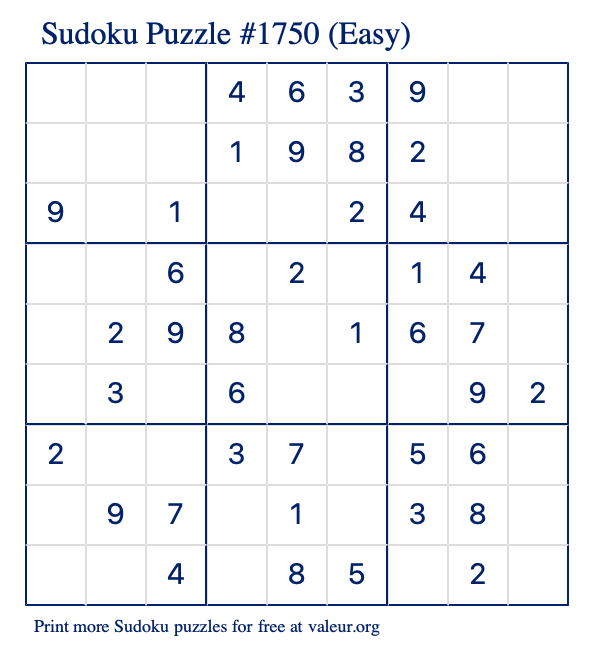 Free Printable Easy Sudoku Puzzle number 1750