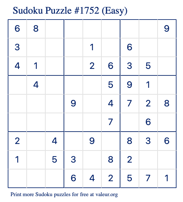 Free Printable Easy Sudoku Puzzle number 1752
