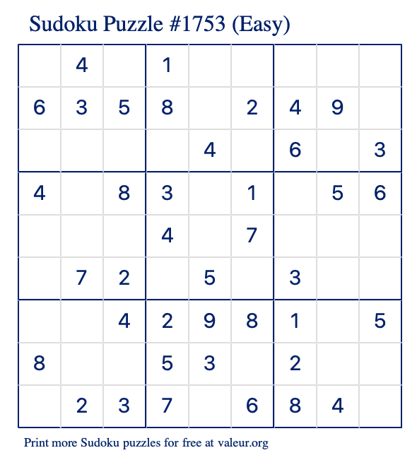 Free Printable Easy Sudoku Puzzle number 1753