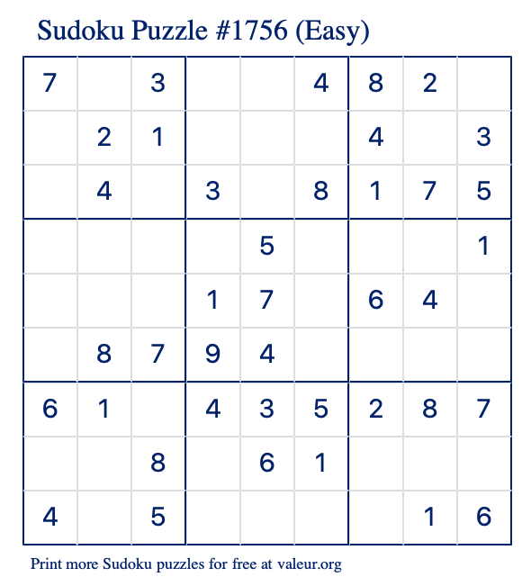 Free Printable Easy Sudoku Puzzle number 1756