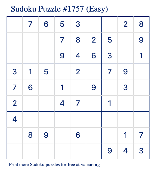 Free Printable Easy Sudoku Puzzle number 1757