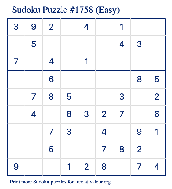 Free Printable Easy Sudoku Puzzle number 1758