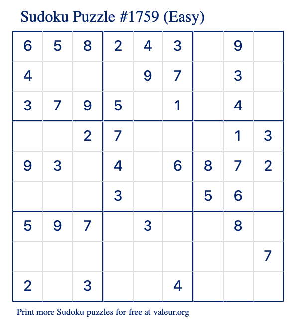 Free Printable Easy Sudoku Puzzle number 1759