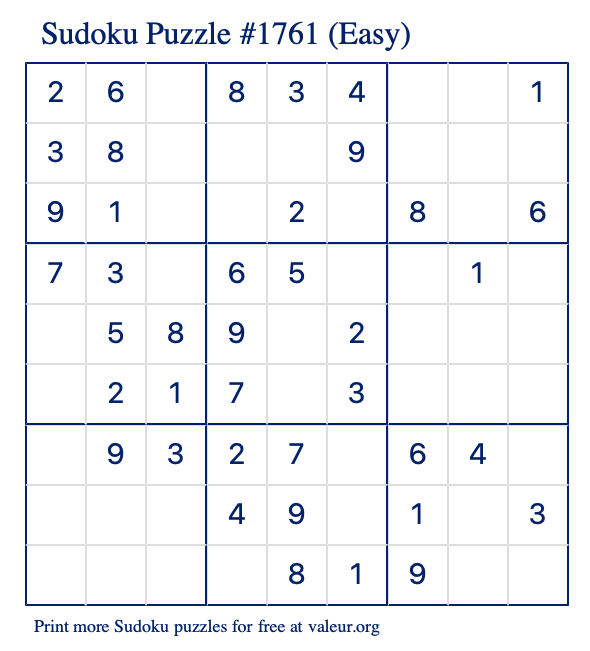 Free Printable Easy Sudoku Puzzle number 1761