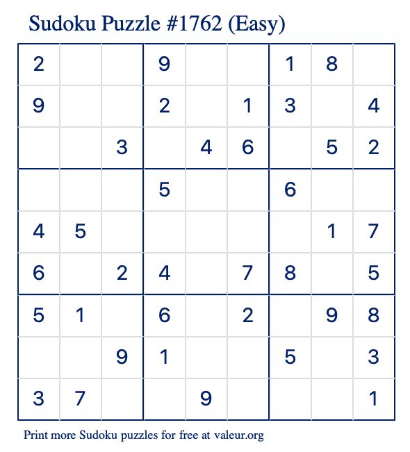 Free Printable Easy Sudoku Puzzle number 1762