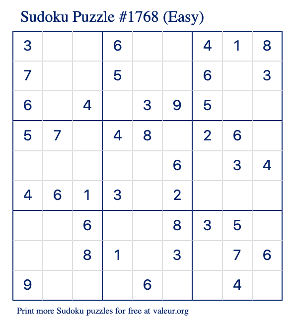 Free Printable Easy Sudoku Puzzle number 1768