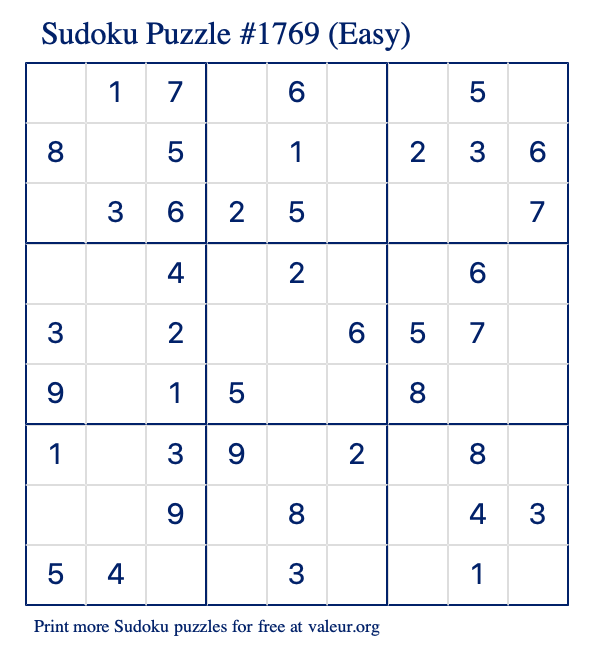 Free Printable Easy Sudoku Puzzle number 1769