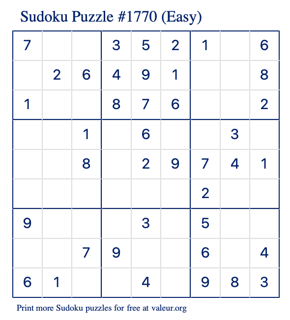 Free Printable Easy Sudoku Puzzle number 1770
