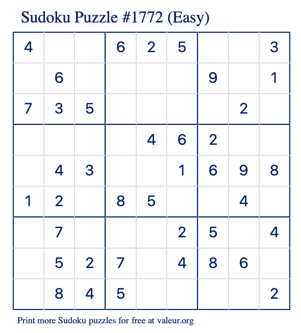 Free Printable Easy Sudoku Puzzle number 1772