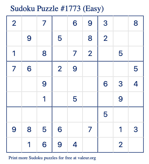 Free Printable Easy Sudoku Puzzle number 1773