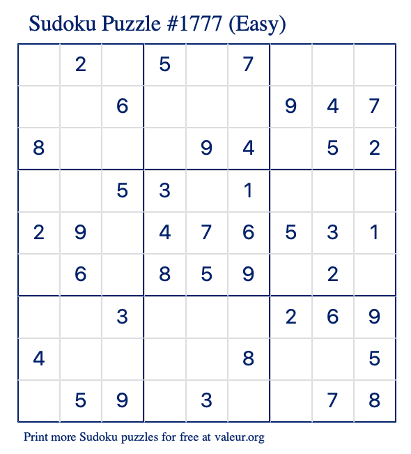 Free Printable Easy Sudoku Puzzle number 1777