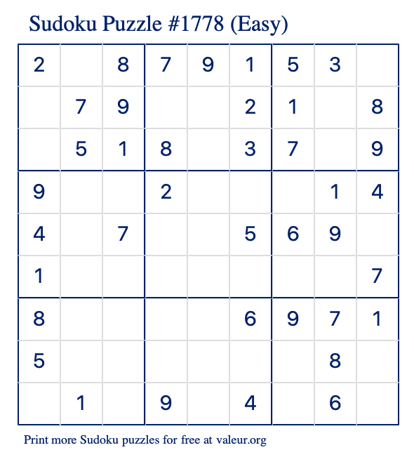 Free Printable Easy Sudoku Puzzle number 1778