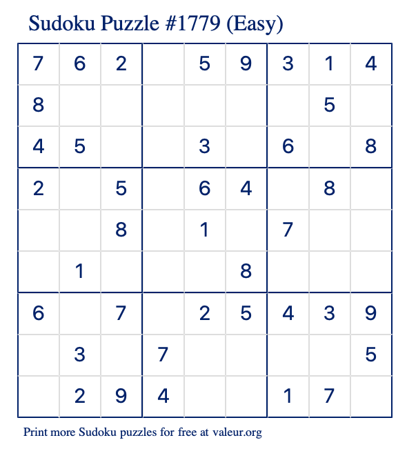 Free Printable Easy Sudoku Puzzle number 1779
