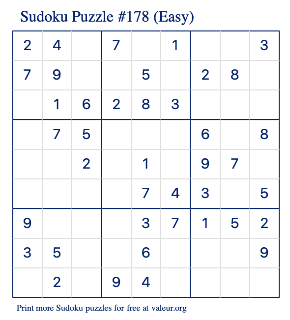 Free Printable Easy Sudoku Puzzle number 178