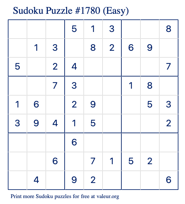 Free Printable Easy Sudoku Puzzle number 1780