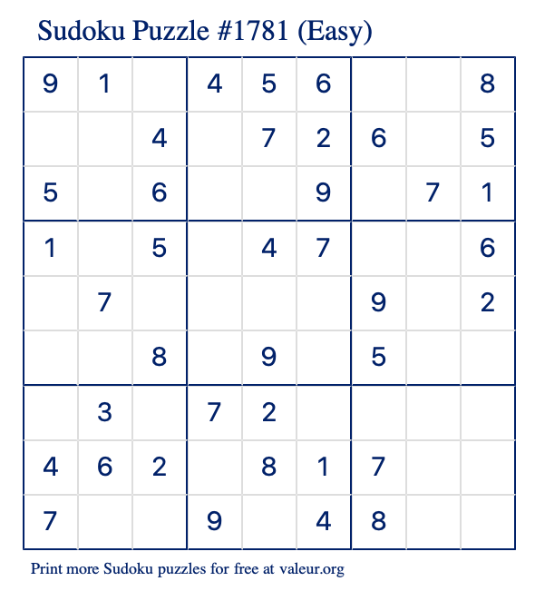 Free Printable Easy Sudoku Puzzle number 1781
