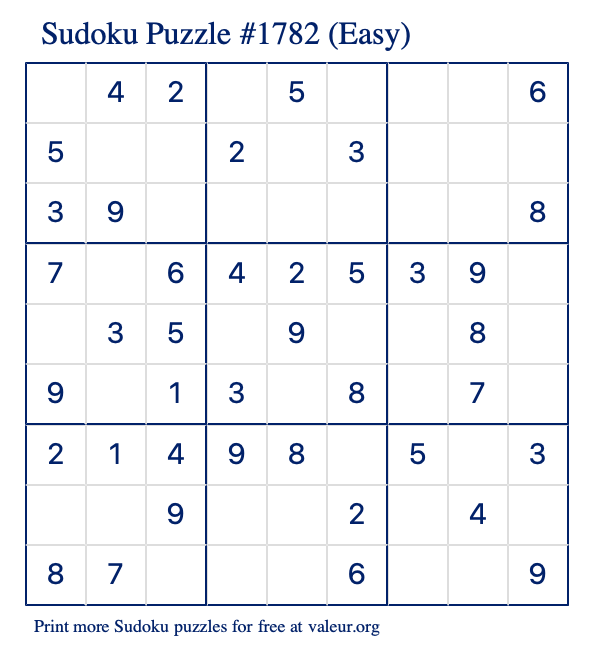 Free Printable Easy Sudoku Puzzle number 1782