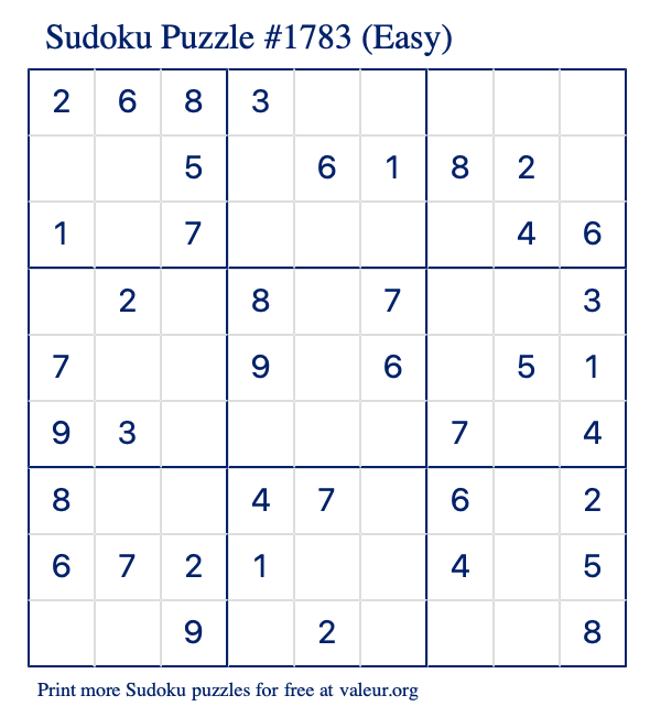 Free Printable Easy Sudoku Puzzle number 1783