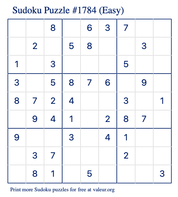 Free Printable Easy Sudoku Puzzle number 1784