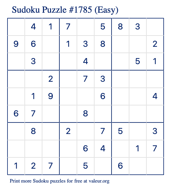 Free Printable Easy Sudoku Puzzle number 1785