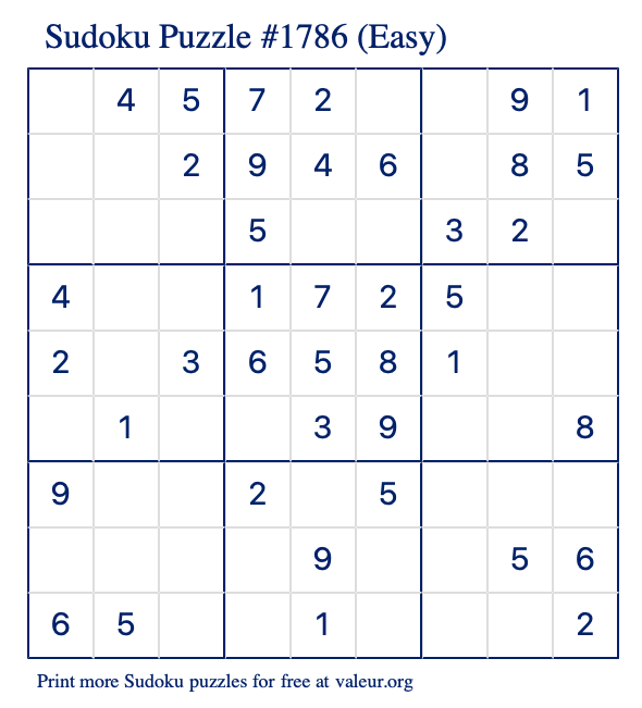Free Printable Easy Sudoku Puzzle number 1786
