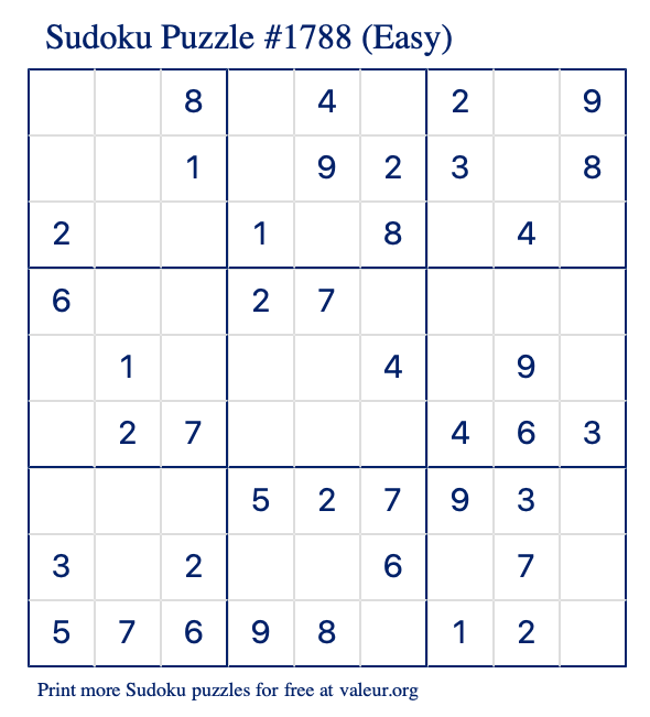 Free Printable Easy Sudoku Puzzle number 1788