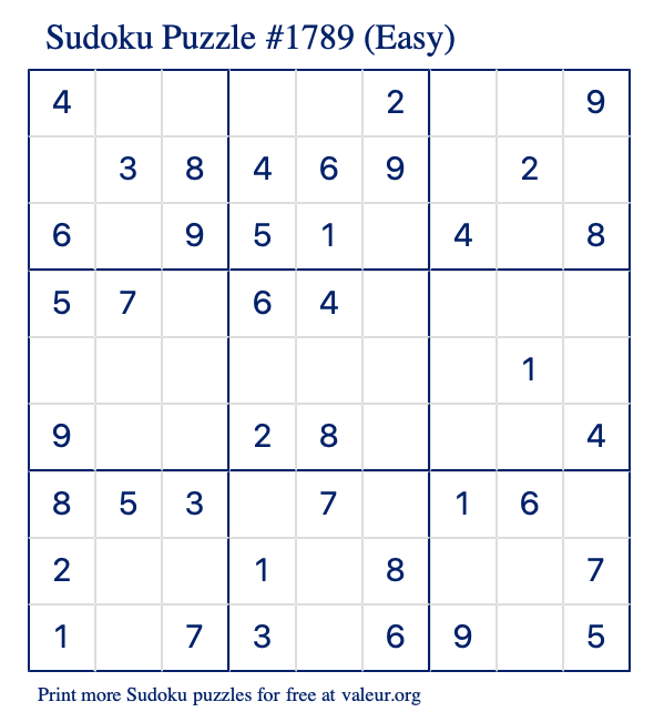 Free Printable Easy Sudoku Puzzle number 1789